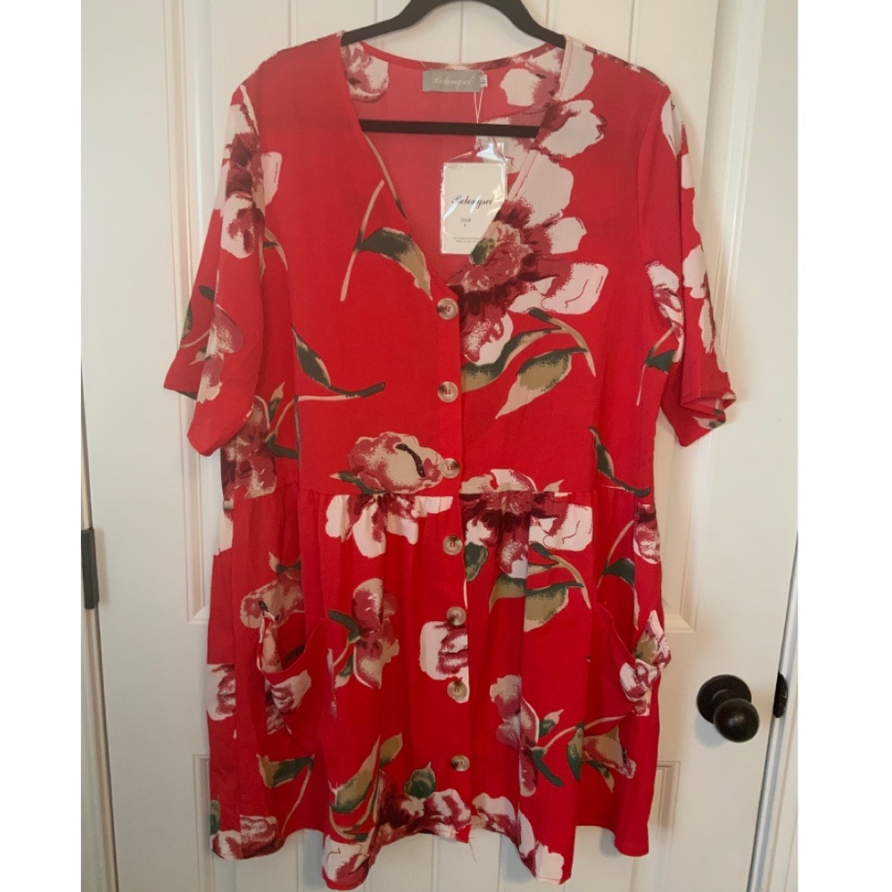 Belongsci Floral Print Red Half Sleeve Button Down V-Neck Dress - Picture 3 of 6